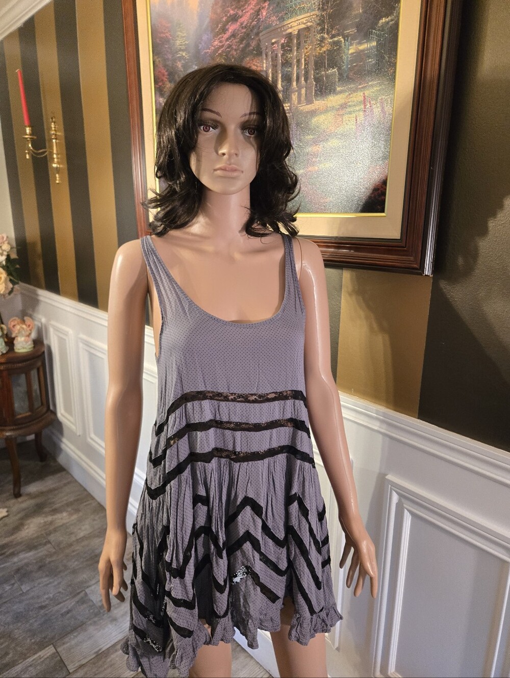 Free People Light Gray Mesh Swing Chemise with Black Lace Trim